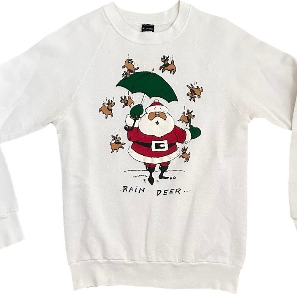 Vtg 80s Screen Stars Santa Rain Deer Sweatshirt White Crewneck Made USA Size M